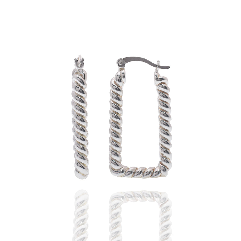 Rhodium Plated 925 Sterling Silver Rectangular Twisted Rope Hoop 17.5mm x 33mm Earring - APE00021