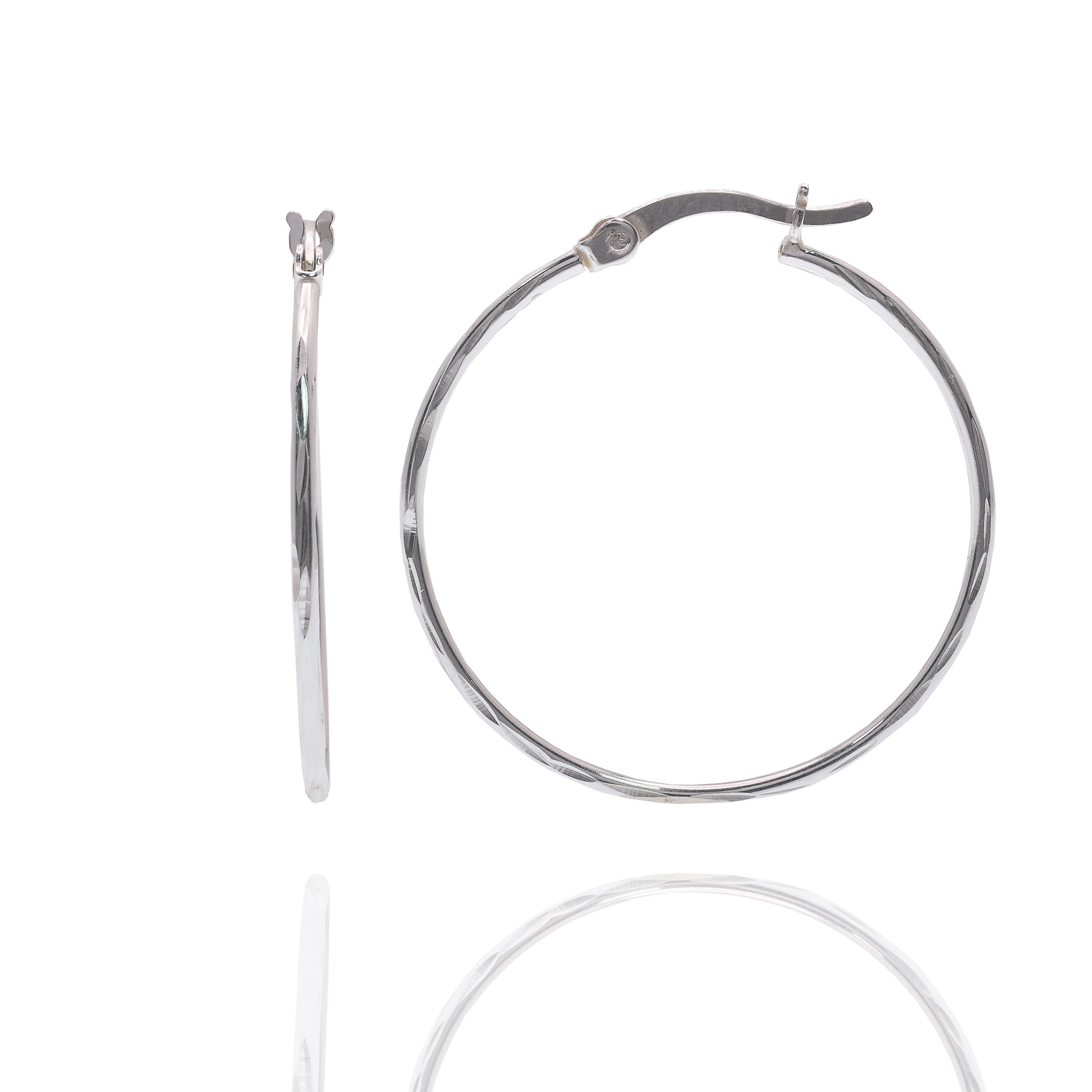 Rhodium Plated 925 Sterling Silver Diamond Cut 1.3mm Hoop Earring - APE00028