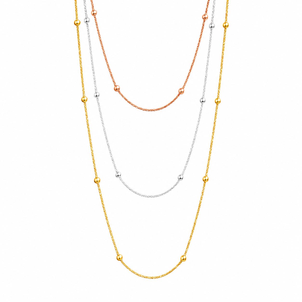 Three-Tone 925 Silver Multi Roc Chain with Beads Necklace - ARN00028TRI