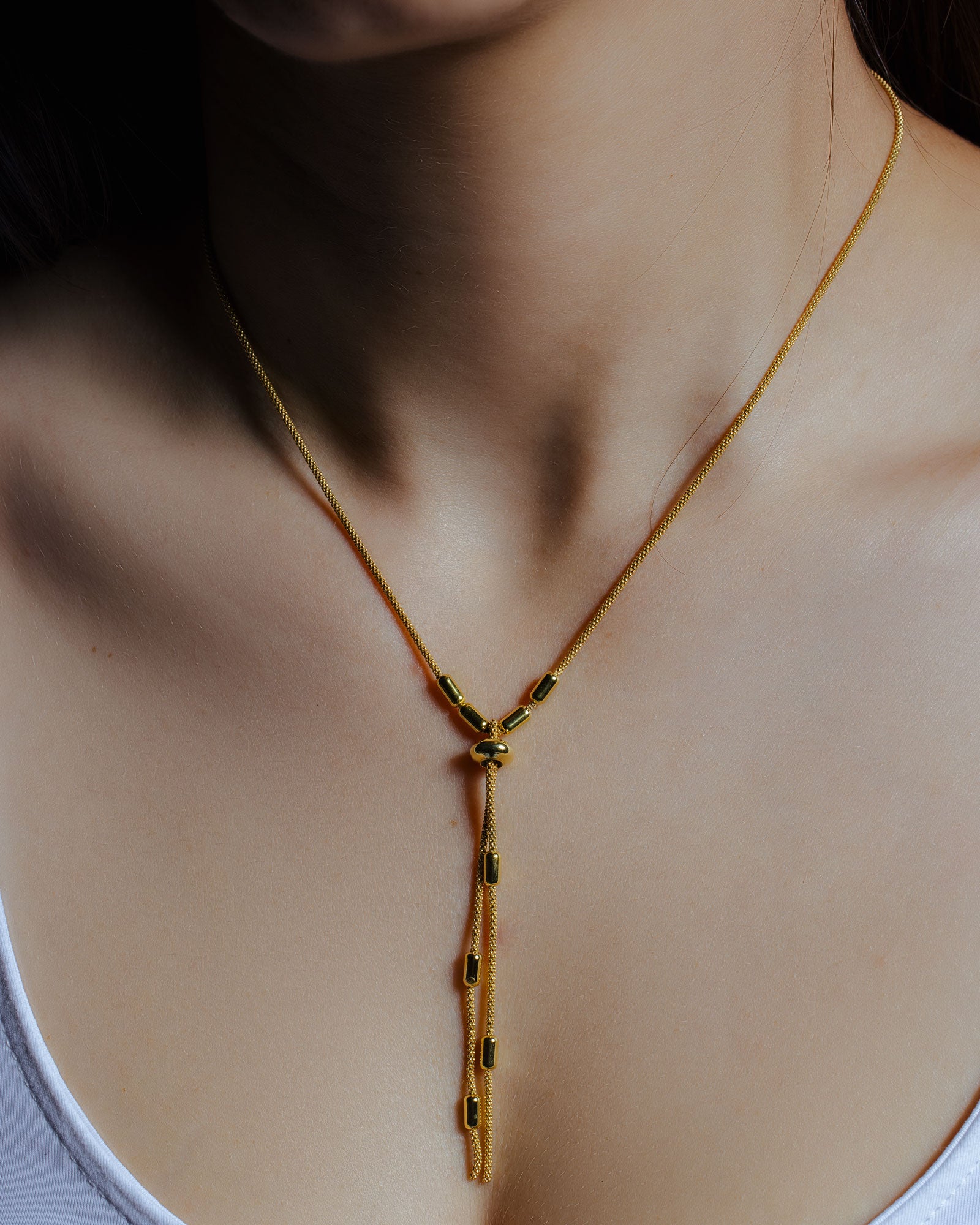 Gold Plated 925 Sterling Silver Round Bar Tassel Necklace with Adjustable Ring - ARN00034GP