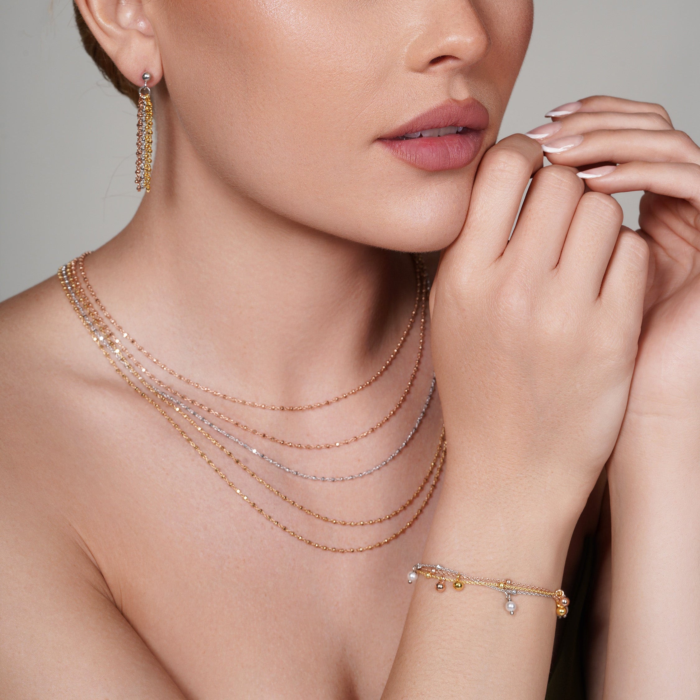 Three-Tone Plated 925 Sterling Silver Multi Chain Sythetic Pearl Beaded Lariat Bracelet - ECB00124