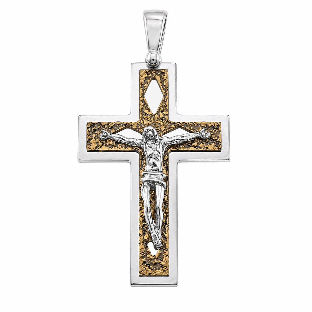 Colgante crucifijo bicolor de plata de ley 925 con baño de oro DC y diseño de rombos - ARP00012