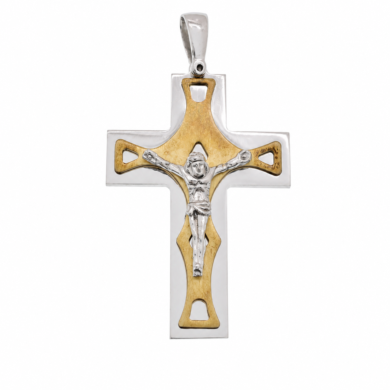 Two-Tone Plated 925 Sterling Silver Crucifix Pendant with Trapezoid Design - ARP00016GP