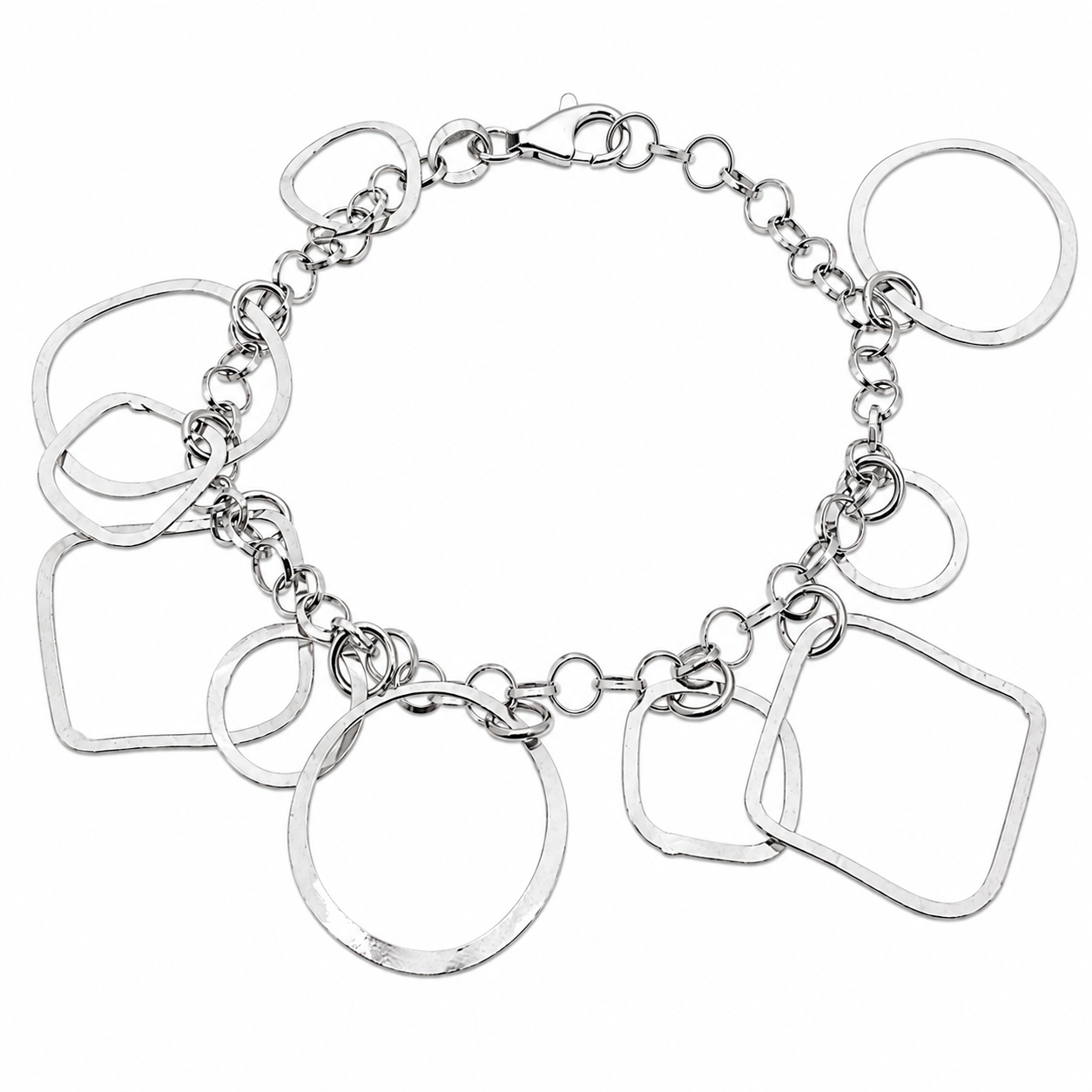 Rhodium Plated 925 Sterling Silver Round And Squares Dangling Bracelet - B00006