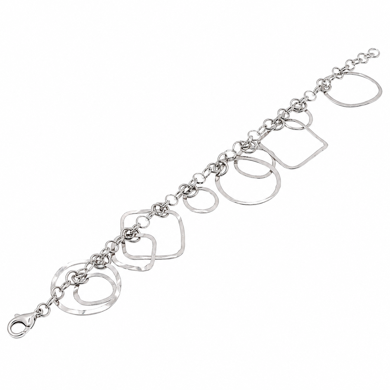 Rhodium Plated 925 Sterling Silver Round And Squares Dangling Bracelet - B00006
