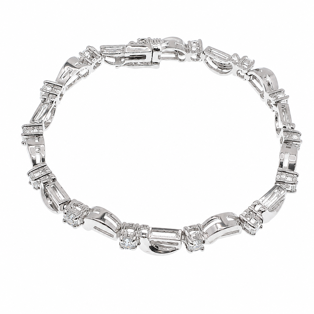 Clearance - Rhodium Plated 925 Silver Wave & Bar Link CZ Tennis Bracelet - B00016