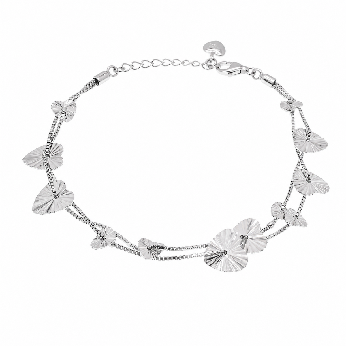 Rhodium Plated 925 Sterling Silver Multi Strand Sunburst Hear Charm Bracelet - B00019