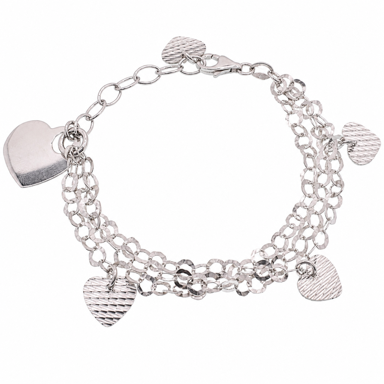 Rhodium Plated 925 Sterling Silver Multi Strand & Hearts Dangling Charm Bracelet - B00022