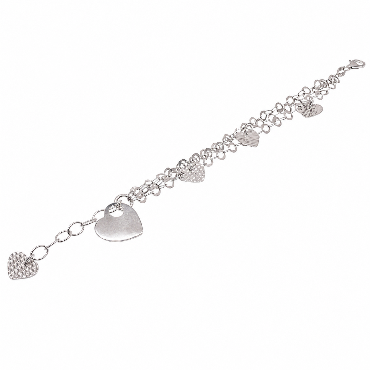 Rhodium Plated 925 Sterling Silver Multi Strand & Hearts Dangling Charm Bracelet - B00022