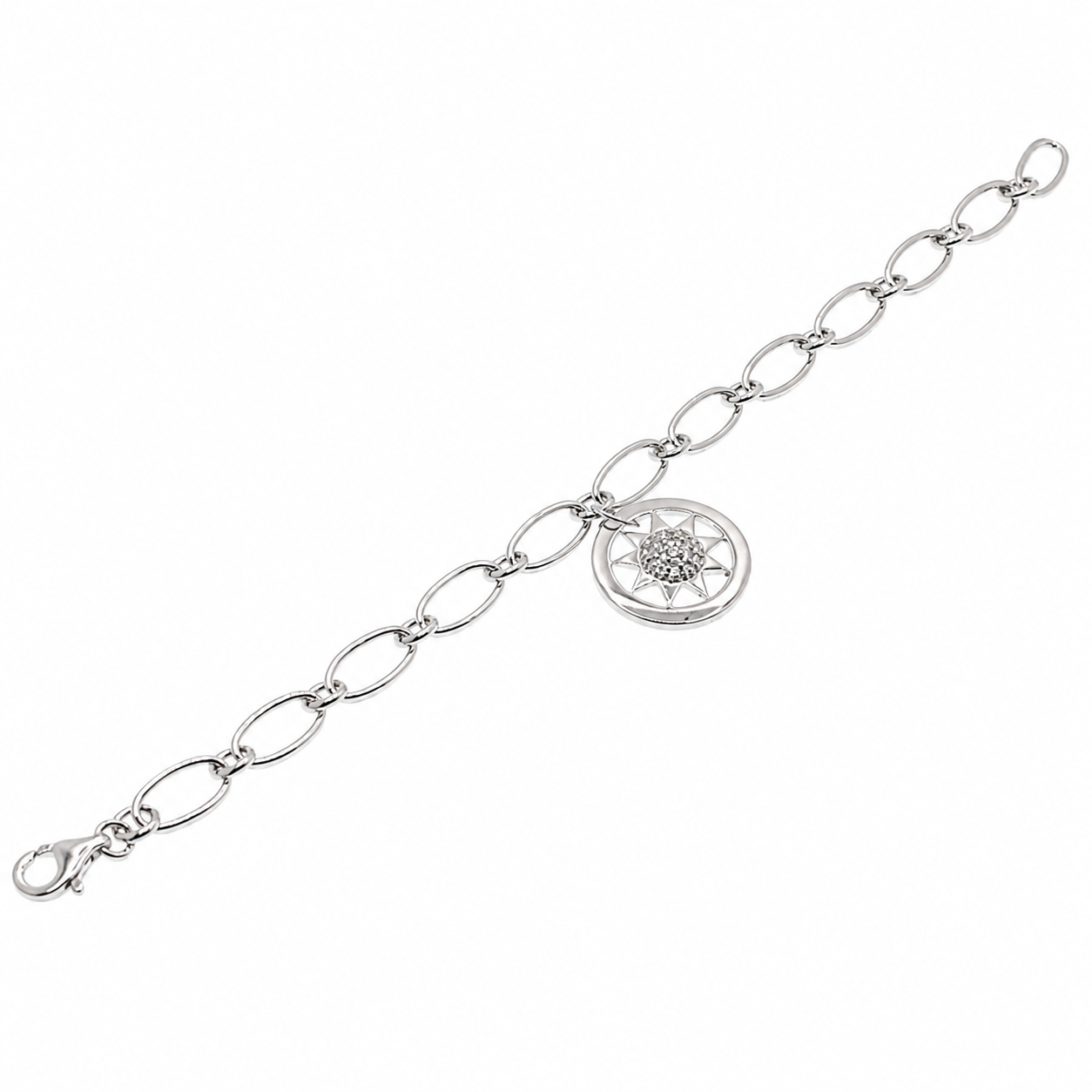 Rhodium Plated 925 Silver CZ Sun Centered Link Bracelet - B00027