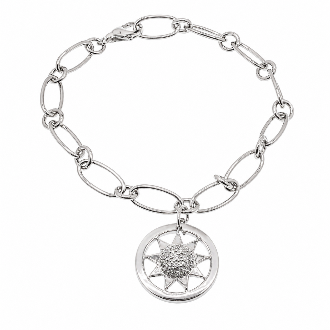 Rhodium Plated 925 Silver CZ Sun Centered Link Bracelet - B00027