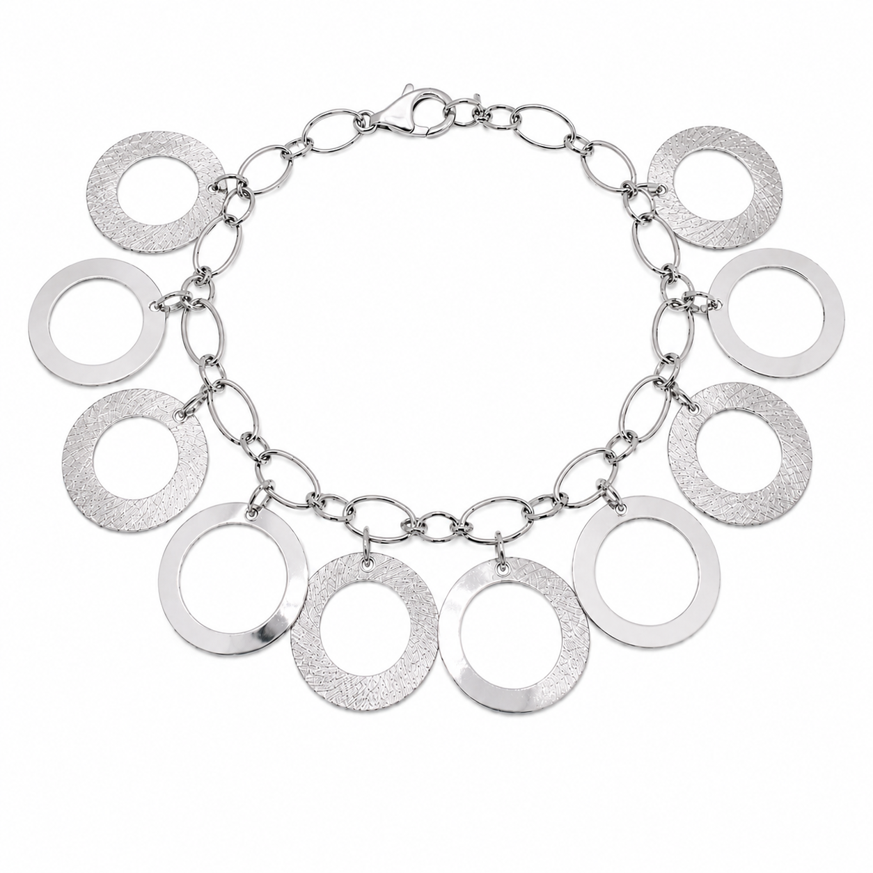 Rhodium Plated 925 Silver Multi Circle Charm Bracelet - B00032