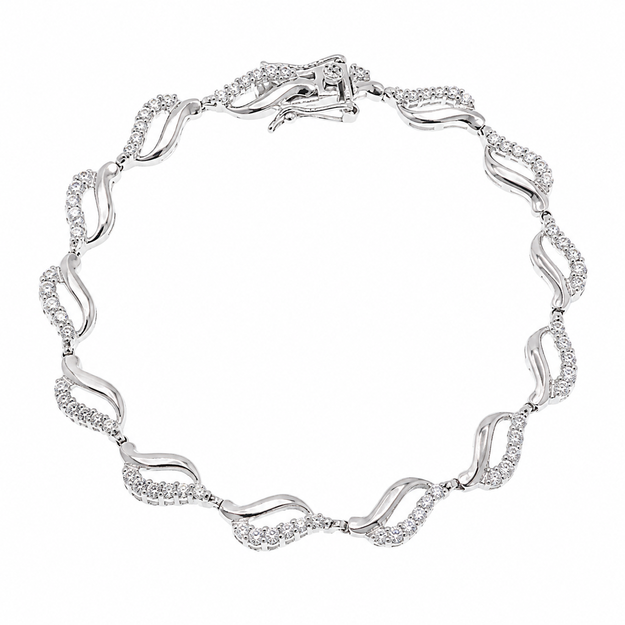 Rhodium Plated 925 Silver Open Wave Tennis CZ Bracelet - BGB00107