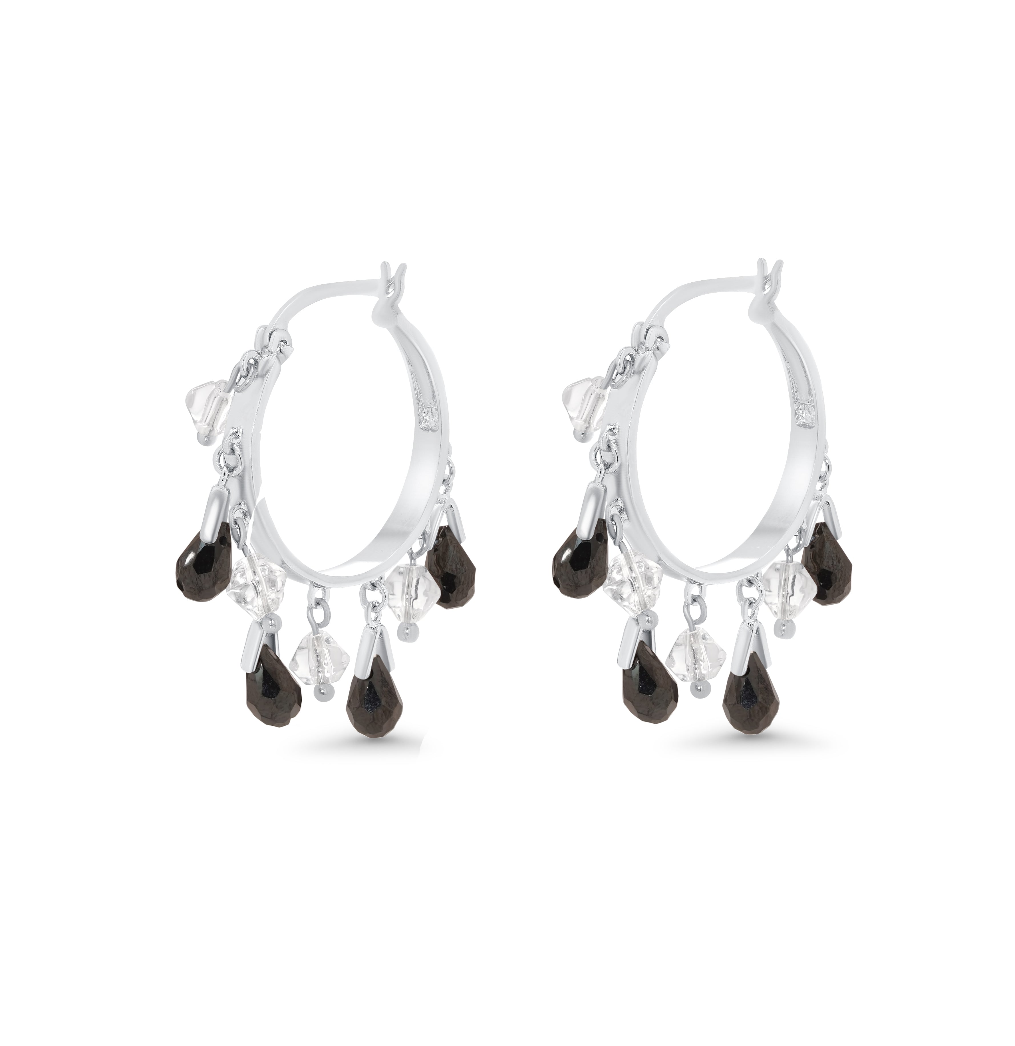 Clearance-Silver 925 Rhodium Plated Clear Black Teardrop Chandelier Dangling Earrings - BGE00020