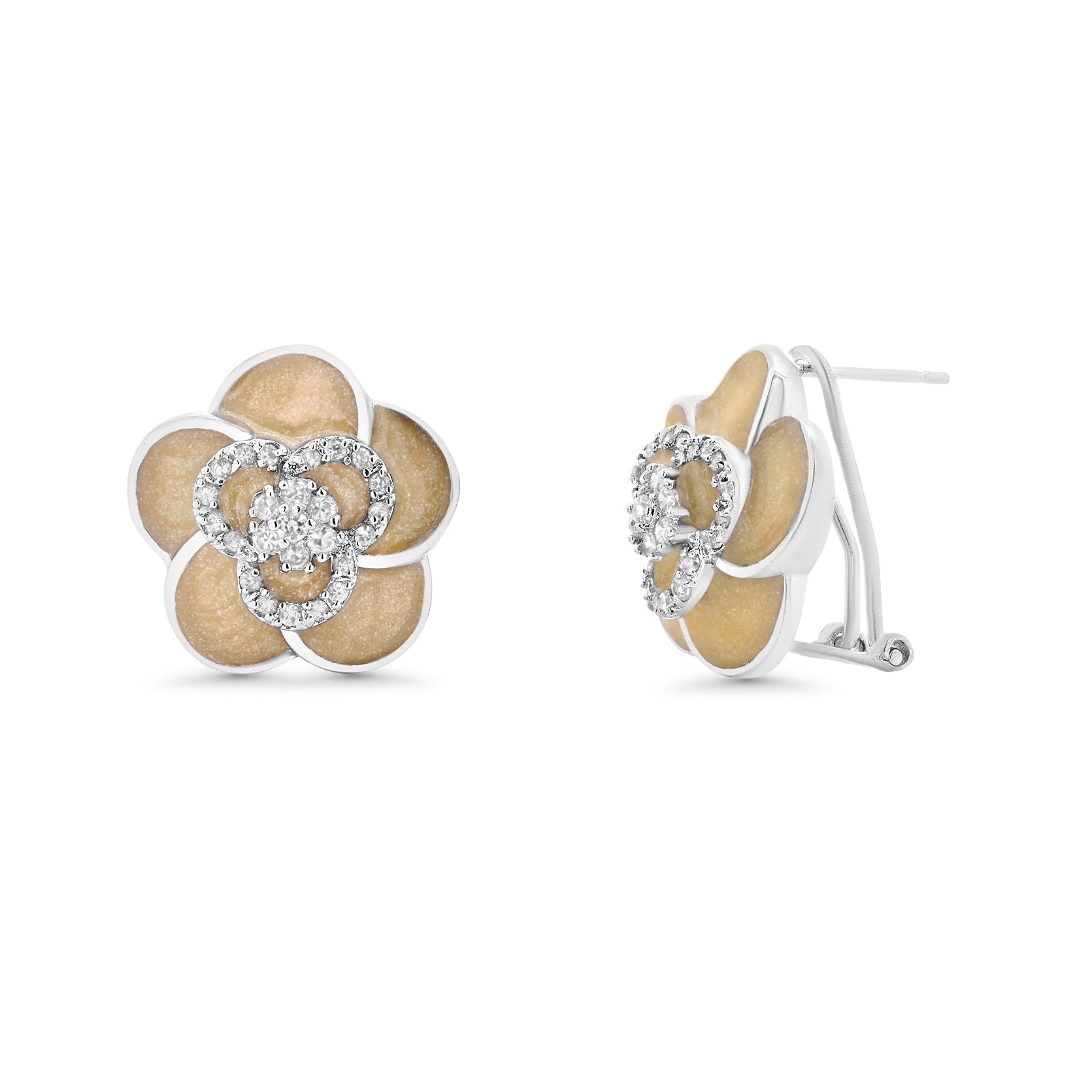 Clearance-Rhodium Plated 925 Silver Shimmer Enamel & Cubic Zirconia Flower Earrings - BGE00121