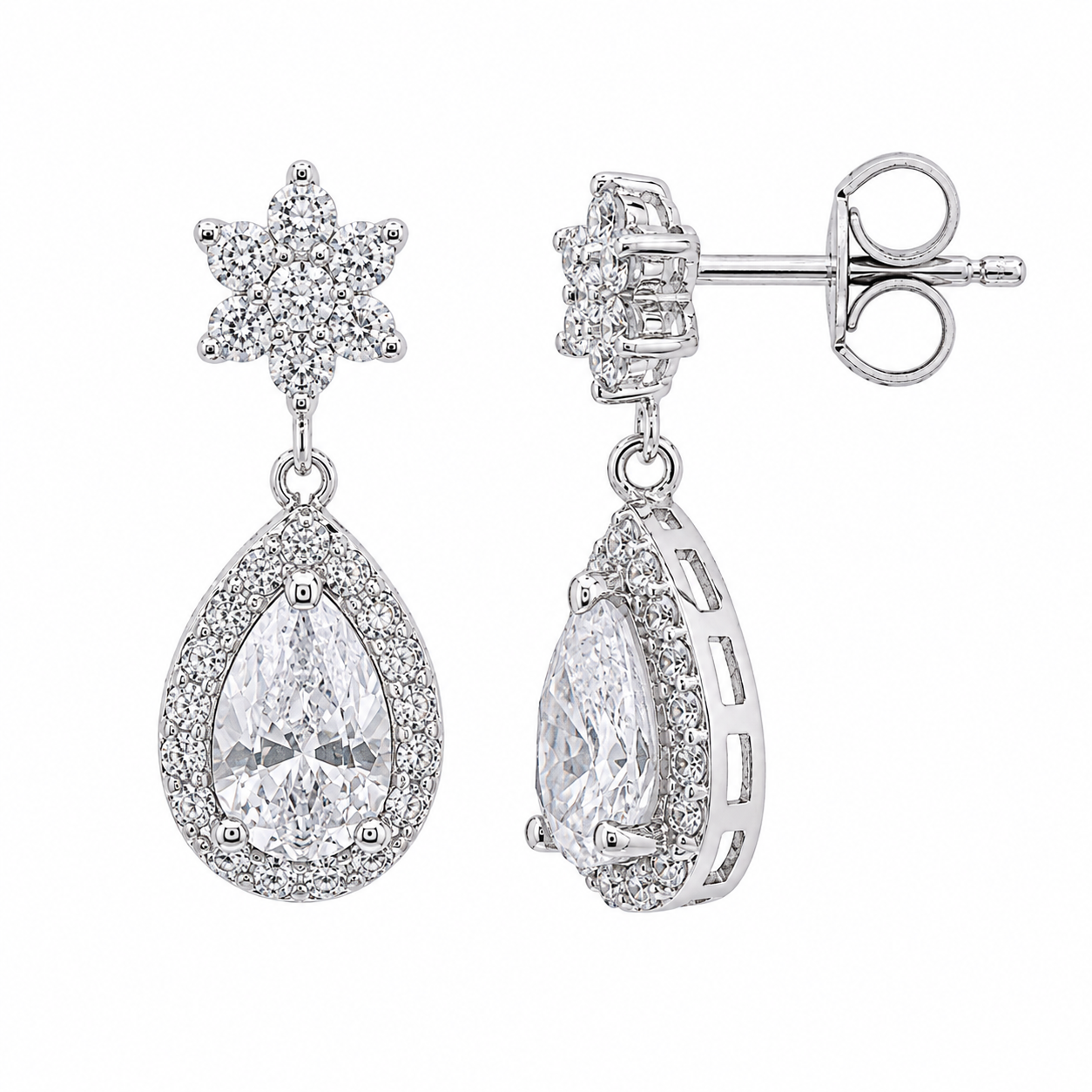 Rhodium Plated 925 Silver Star Teardrop Center Clear CZ Inlay Outline Dangling Earrings - BGE00186