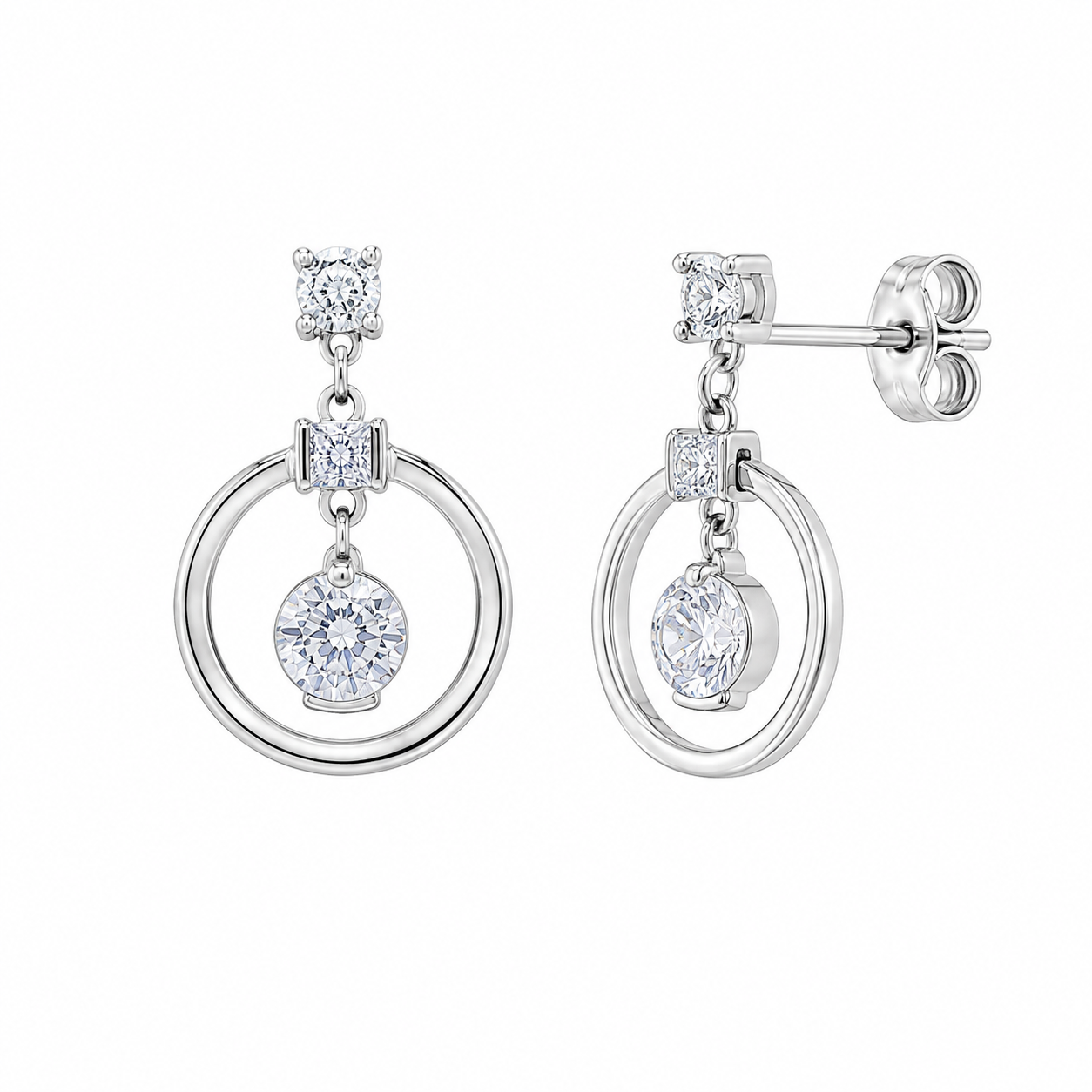 Rhodium Plated 925 Silver Open Circle Round CZ Dangling Stud Earrings - BGE00227