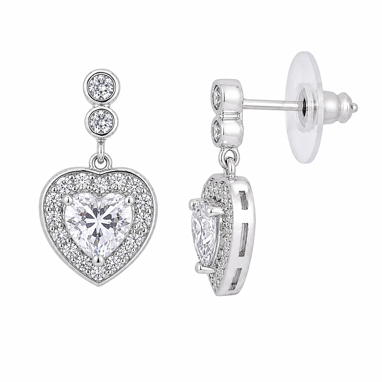 Rhodium Plated 925 Silver Dainty CZ Heart Dangling Earrings - BGE00233