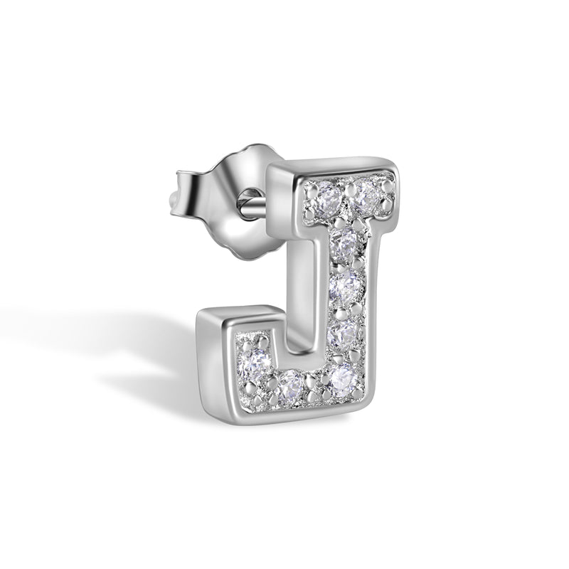 Rhodium Plated 925 Sterling Silver Letter Alphabet Clear CZ 8.8mm Stud Single Earring - BGE00387