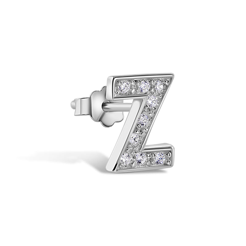 Rhodium Plated 925 Sterling Silver Letter Alphabet Clear CZ 8.8mm Stud Single Earring - BGE00387