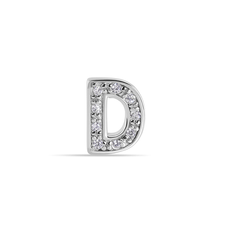 Rhodium Plated 925 Sterling Silver Letter Alphabet Clear CZ 8.8mm Stud Single Earring - BGE00387