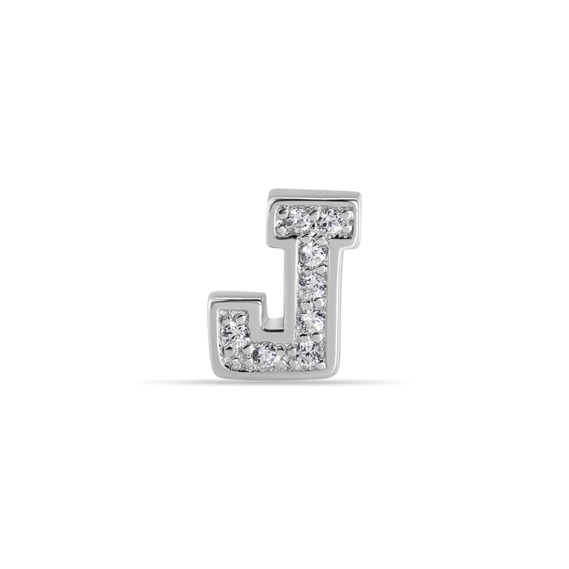 Rhodium Plated 925 Sterling Silver Letter Alphabet Clear CZ 8.8mm Stud Single Earring - BGE00387