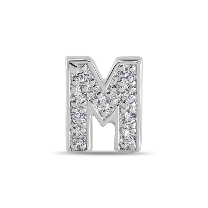 Rhodium Plated 925 Sterling Silver Letter Alphabet Clear CZ 8.8mm Stud Single Earring - BGE00387