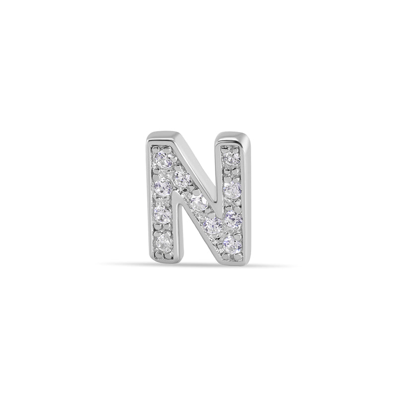 Rhodium Plated 925 Sterling Silver Letter Alphabet Clear CZ 8.8mm Stud Single Earring - BGE00387