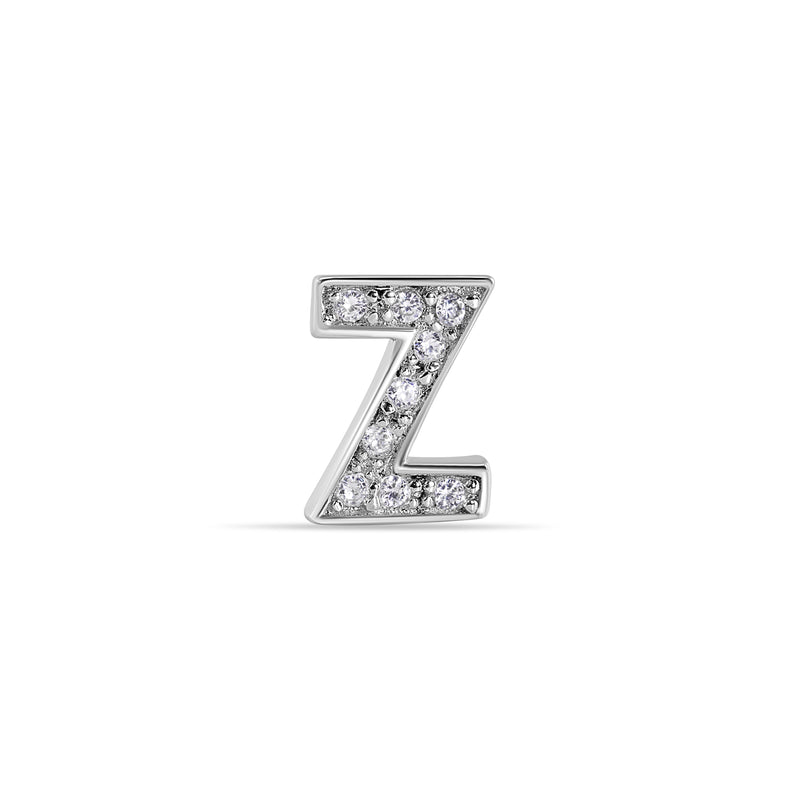 Rhodium Plated 925 Sterling Silver Letter Alphabet Clear CZ 8.8mm Stud Single Earring - BGE00387