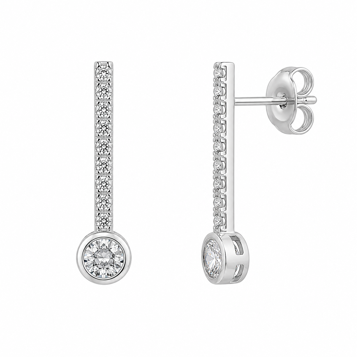 Aretes con circonita cúbica redonda y canal chapado en rodio en plata 925 - BGE00424