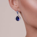 Silver 925 Rhodium Plated Clear and Blue Teardrop CZ Dangling Stud Earring and Dangling Necklace Set - BGS00440