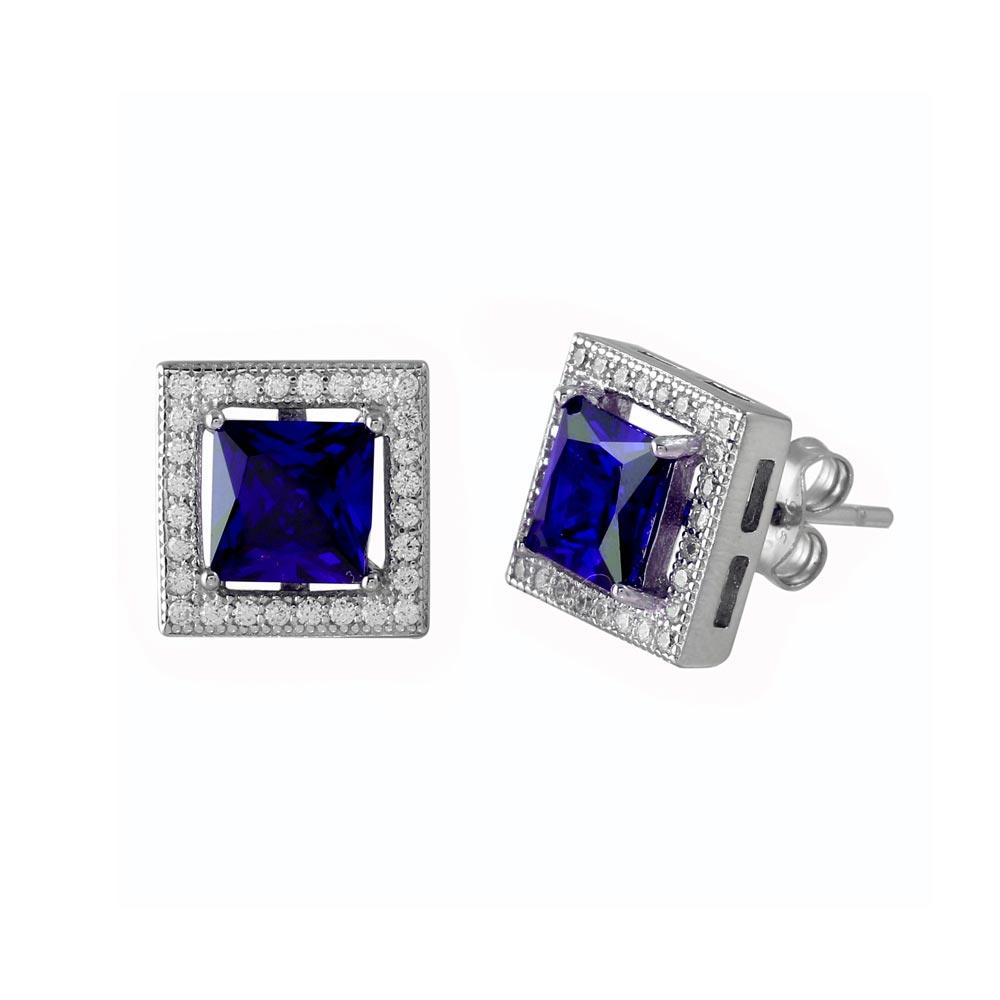 Pendientes de botón de plata de ley 925 rodiada con circonitas cuadradas y halo azul - BGE00632BLU