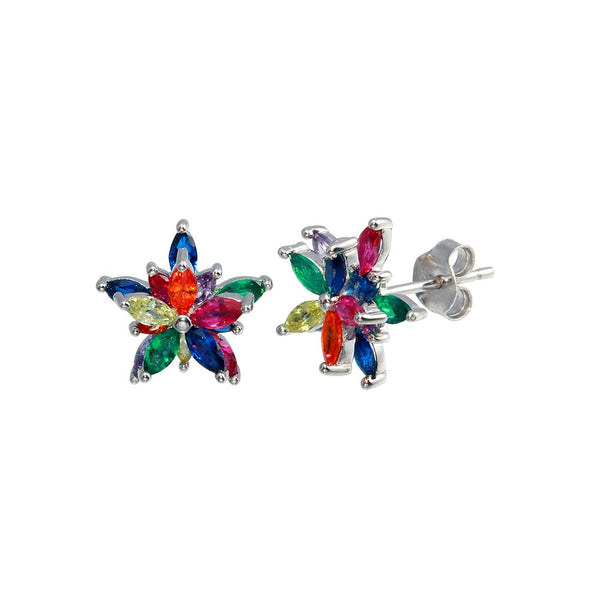 Pendientes de tuerca con circonita cúbica y flores multicolores chapados en rodio de plata 925 - BGE00649