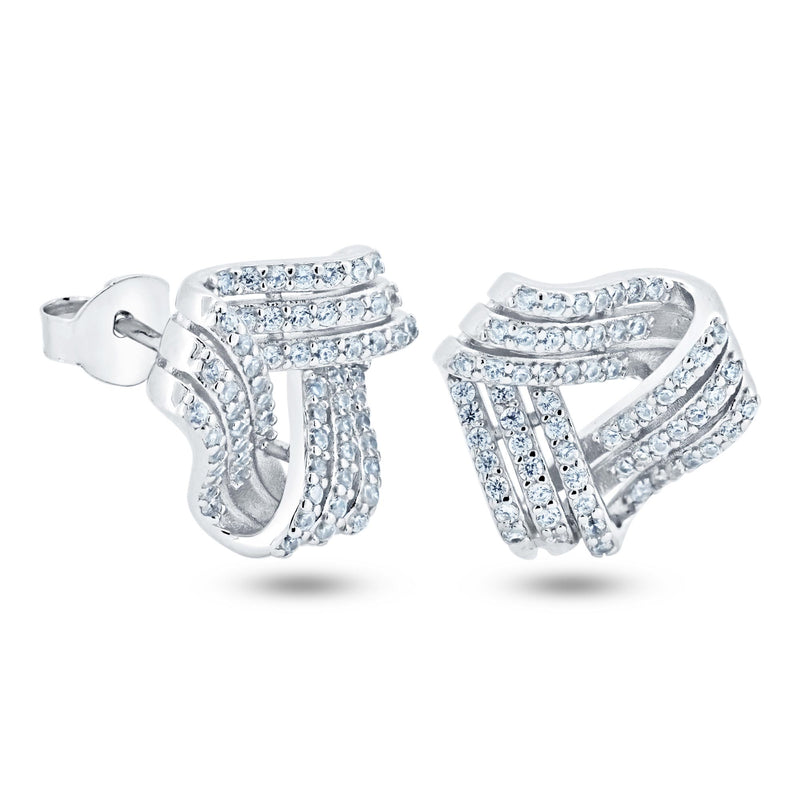 Rhodium Plated 925 Sterling Silver 3 Layer Knot CZ Stud Earrings - BGE00743