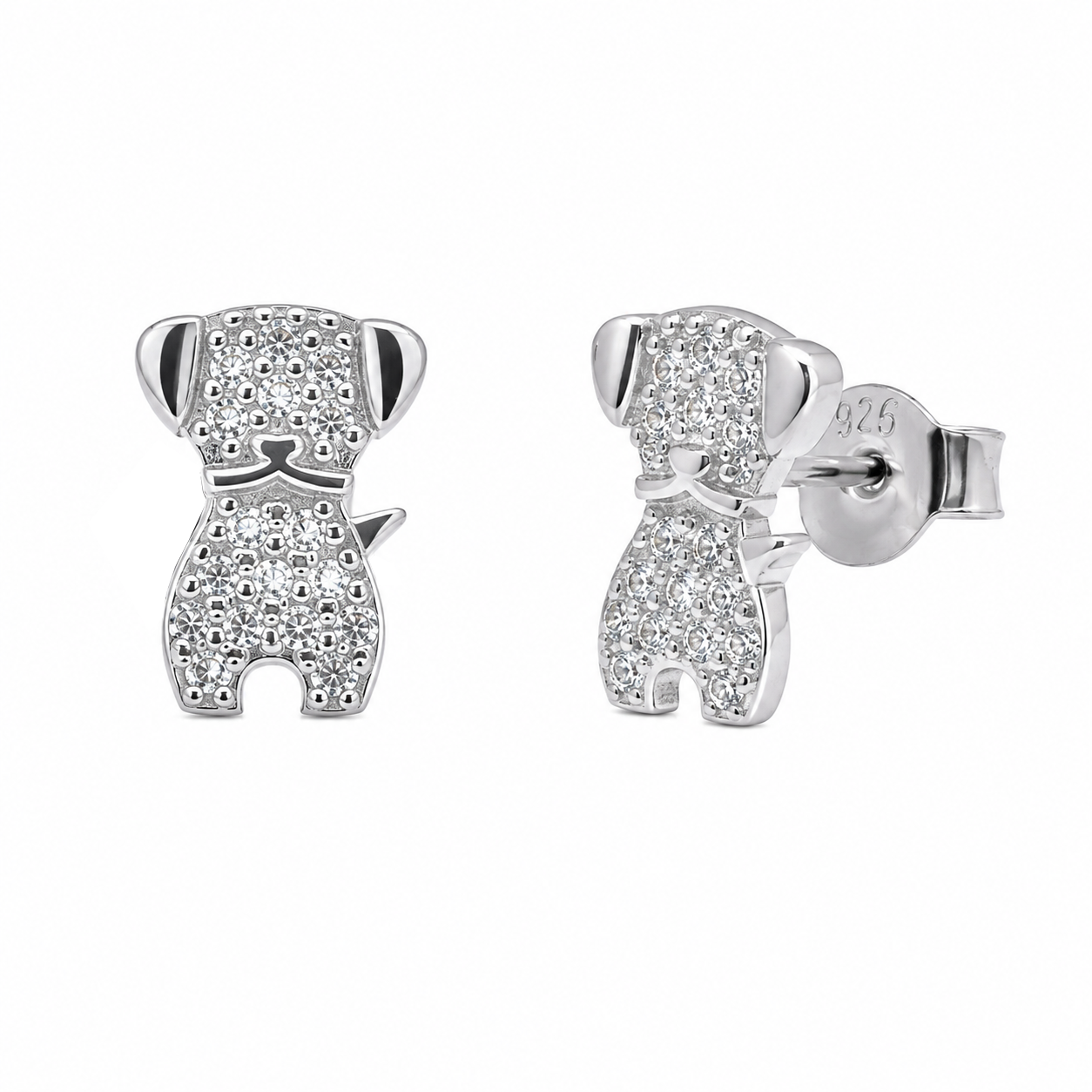 Rhodium Plated 925 Sterling Silver Dog Studded Clear CZ 6.7mm x 10mm Stud Earrings - BGE00753
