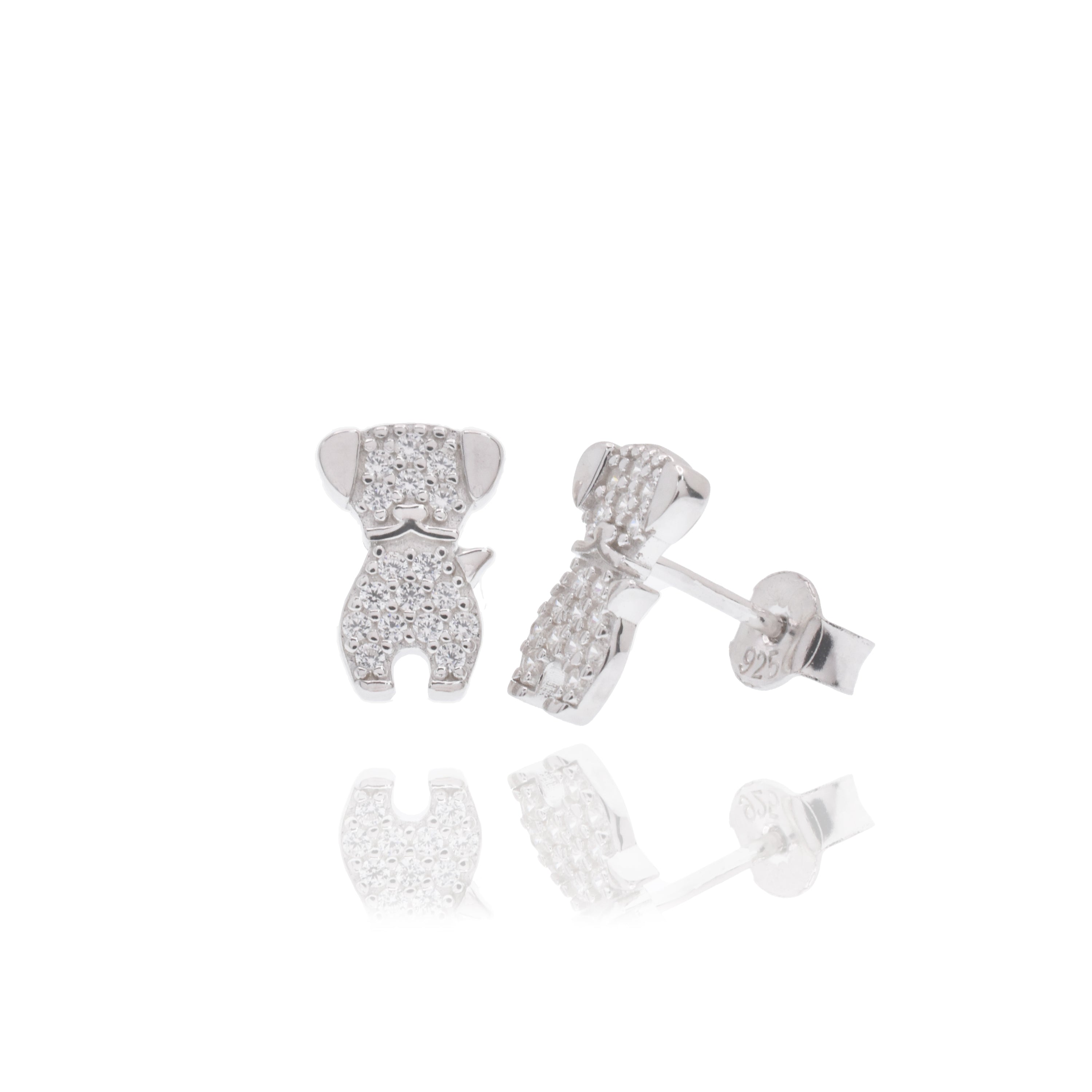 Rhodium Plated 925 Sterling Silver Dog Studded Clear CZ 6.7mm x 10mm Stud Earrings - BGE00753