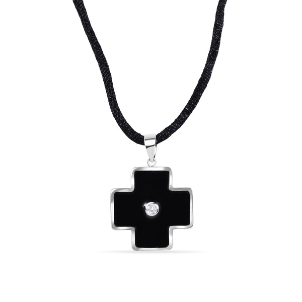Closeout-Collar con colgante de cordón negro con circonita cúbica transparente y cruz de esmalte negro chapado en rodio en plata 925 - BGN00003