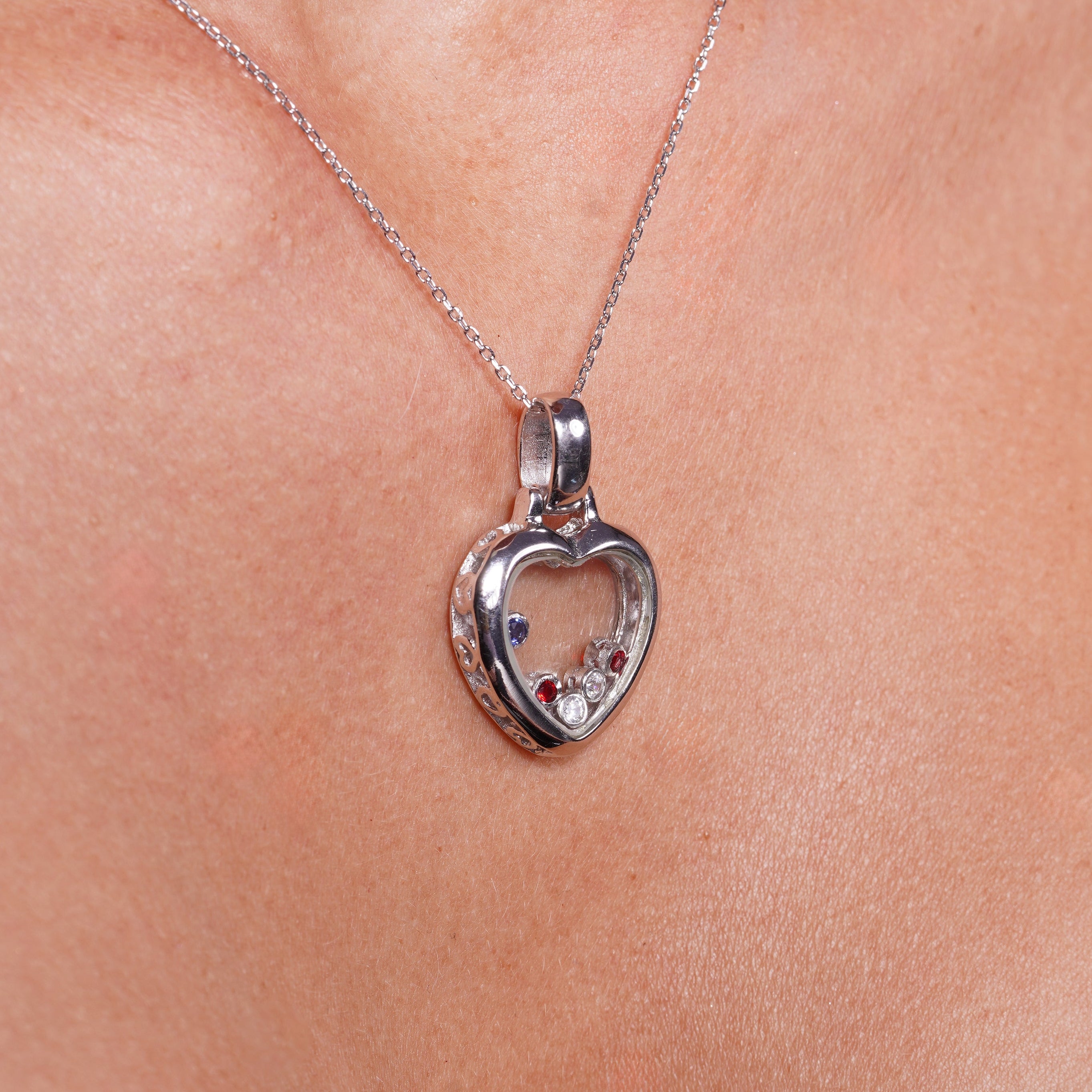 Rhodium Plated 925 Sterling Silver Floating Colored CZ Heart Locket Pendant Necklace- BGP00005