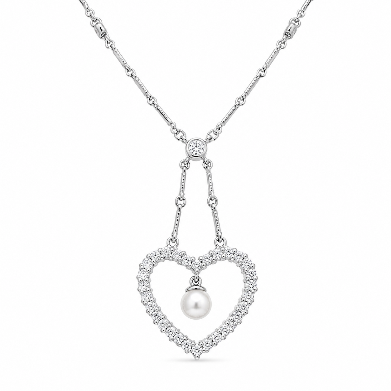 Collar con colgante de corazón de perla rodiada y circonitas transparentes en plata 925 (Liquidación) - BGP00026