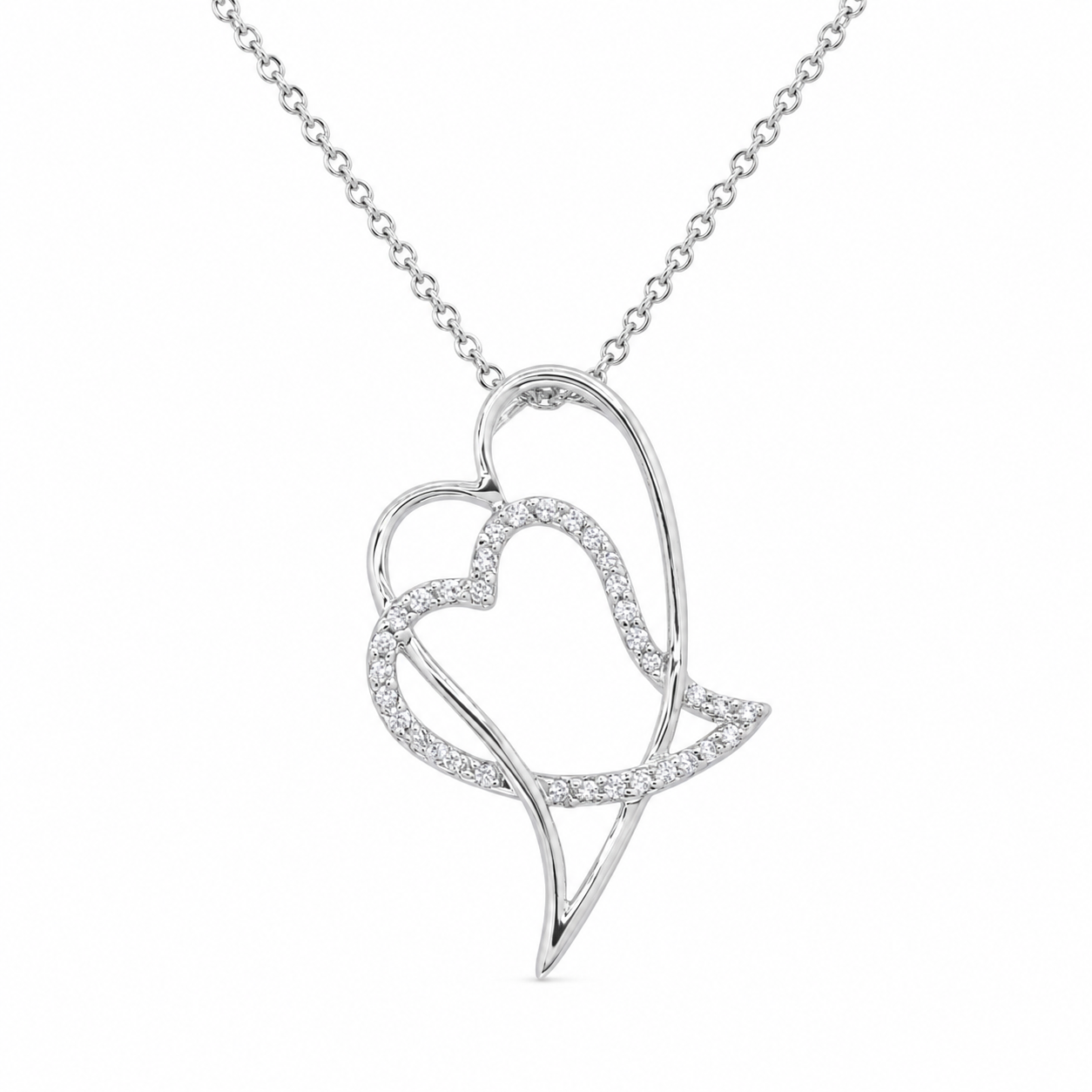 Collar con colgante de doble corazón en plata 925 con circonitas transparentes rodiadas - BGP00047