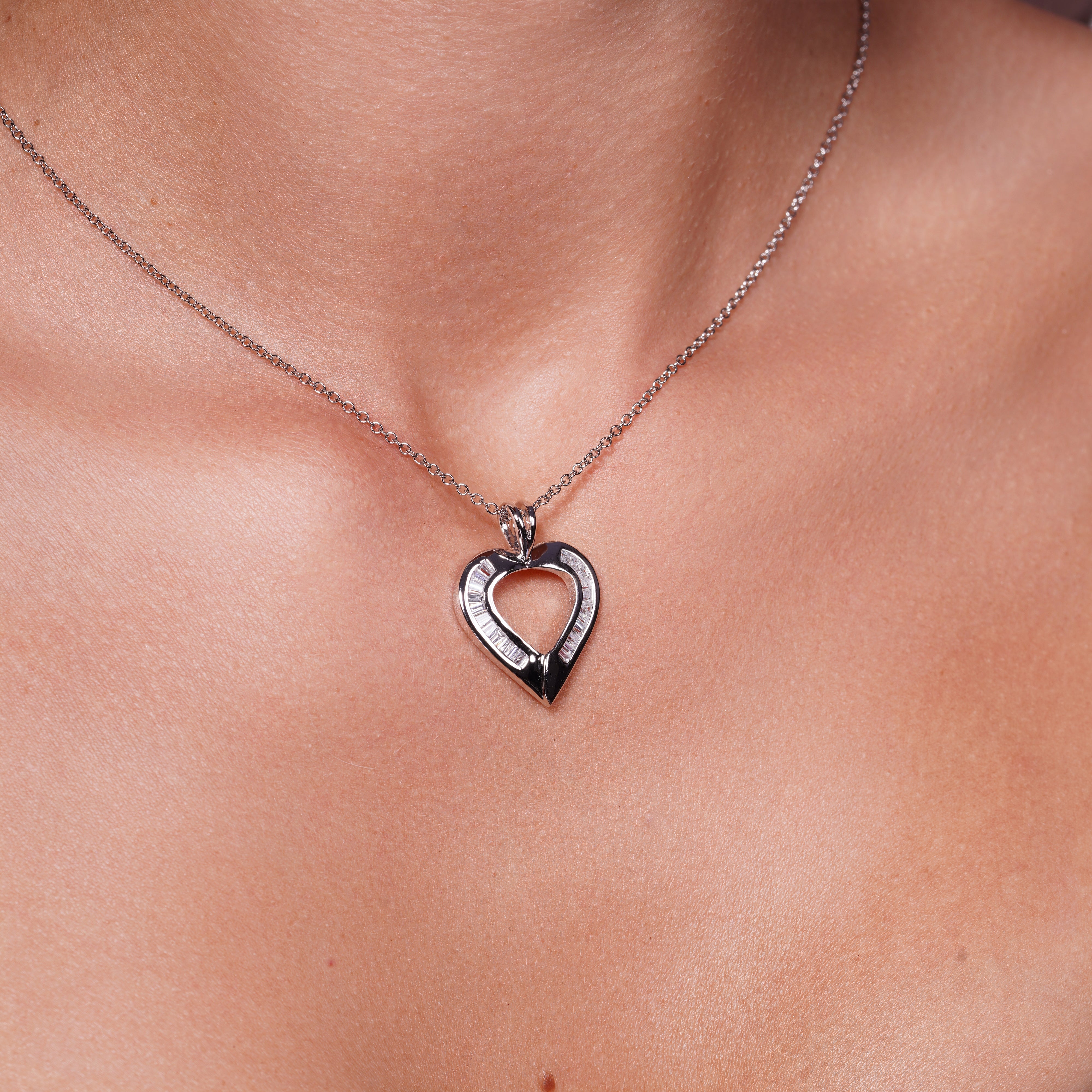 Silver 925 Clear Baguette CZ Rhodium Plated Heart Pendant Necklace - BGP00064