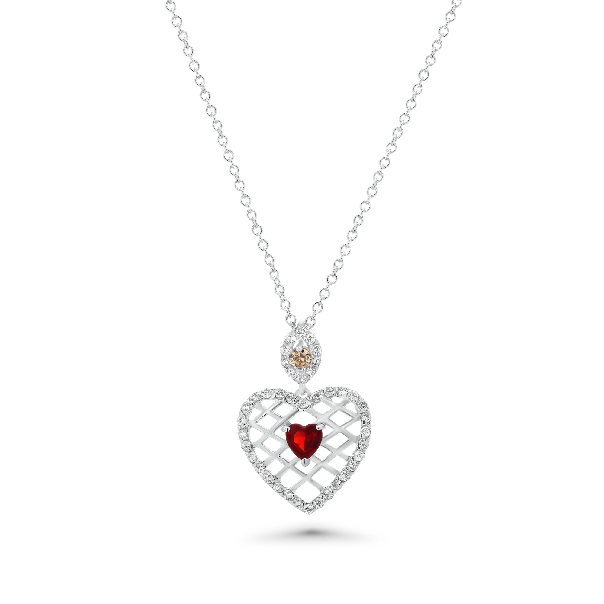 Clearance-Silver 925 Red CZ Rhodium Plated Filigree Heart Pendant Necklace - BGP00072