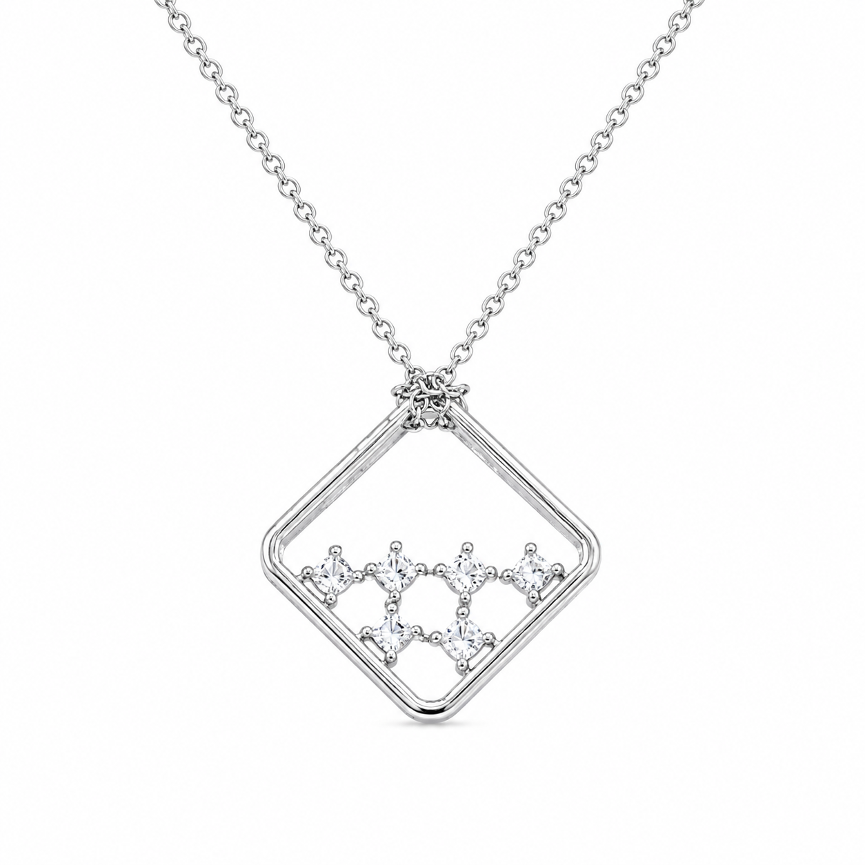 Clearance-Rhodium Plated 925 Silver Diamond Shaped Multi CZ Pendant Necklace - BGP00099
