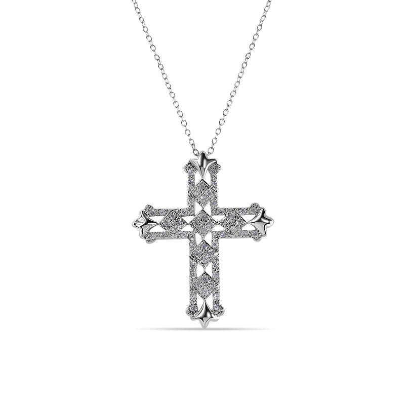 Silver 925 Clear CZ Rhodium Plated Cross Pendant Necklace - BGP00106