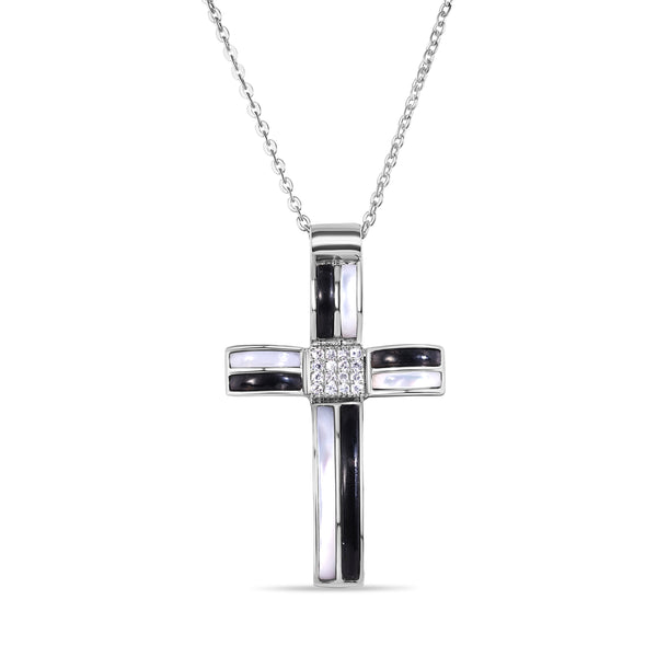 Closeout-Silver 925 Black and Rhodium Cross CZ Necklace - BGP00200