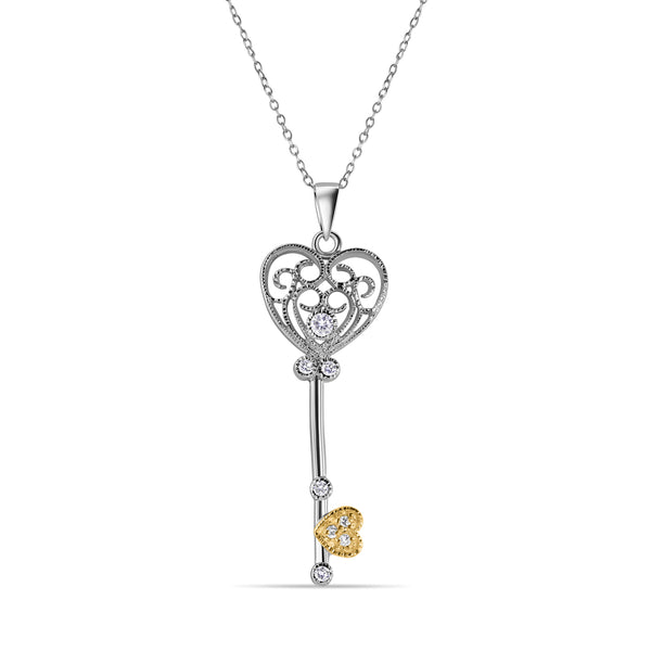 Silver 925 Rhodium Heart Key CZ Necklace - BGP00209