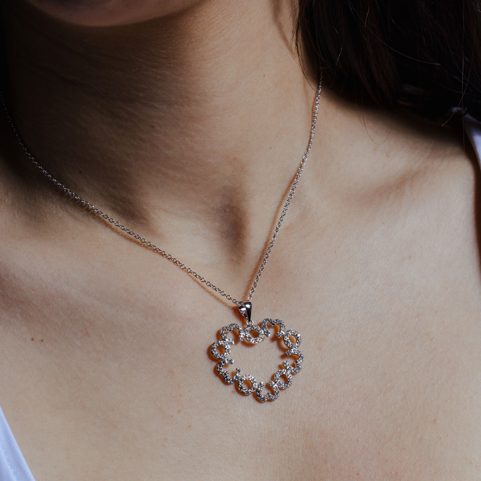 Silver 925 Rhodium Plated Open Big Heart Small Heart CZ Necklace