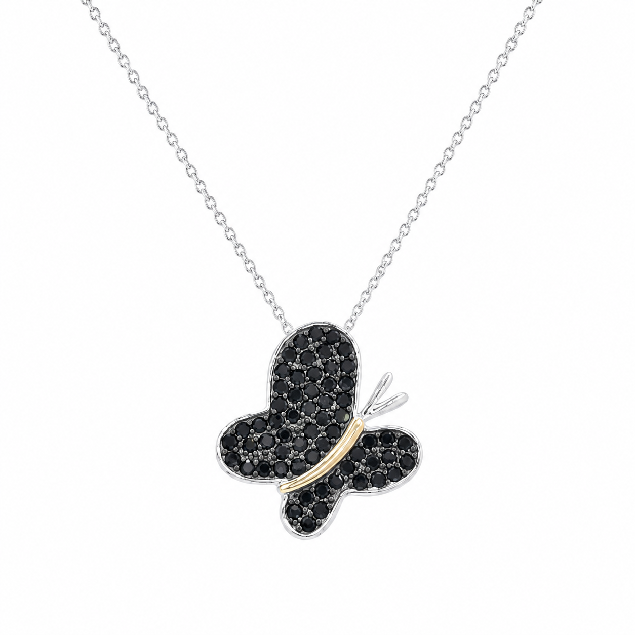 Clearance-Rhodium Plated 925 Silver Black CZ Butterfly Pendant Necklace - STP00955