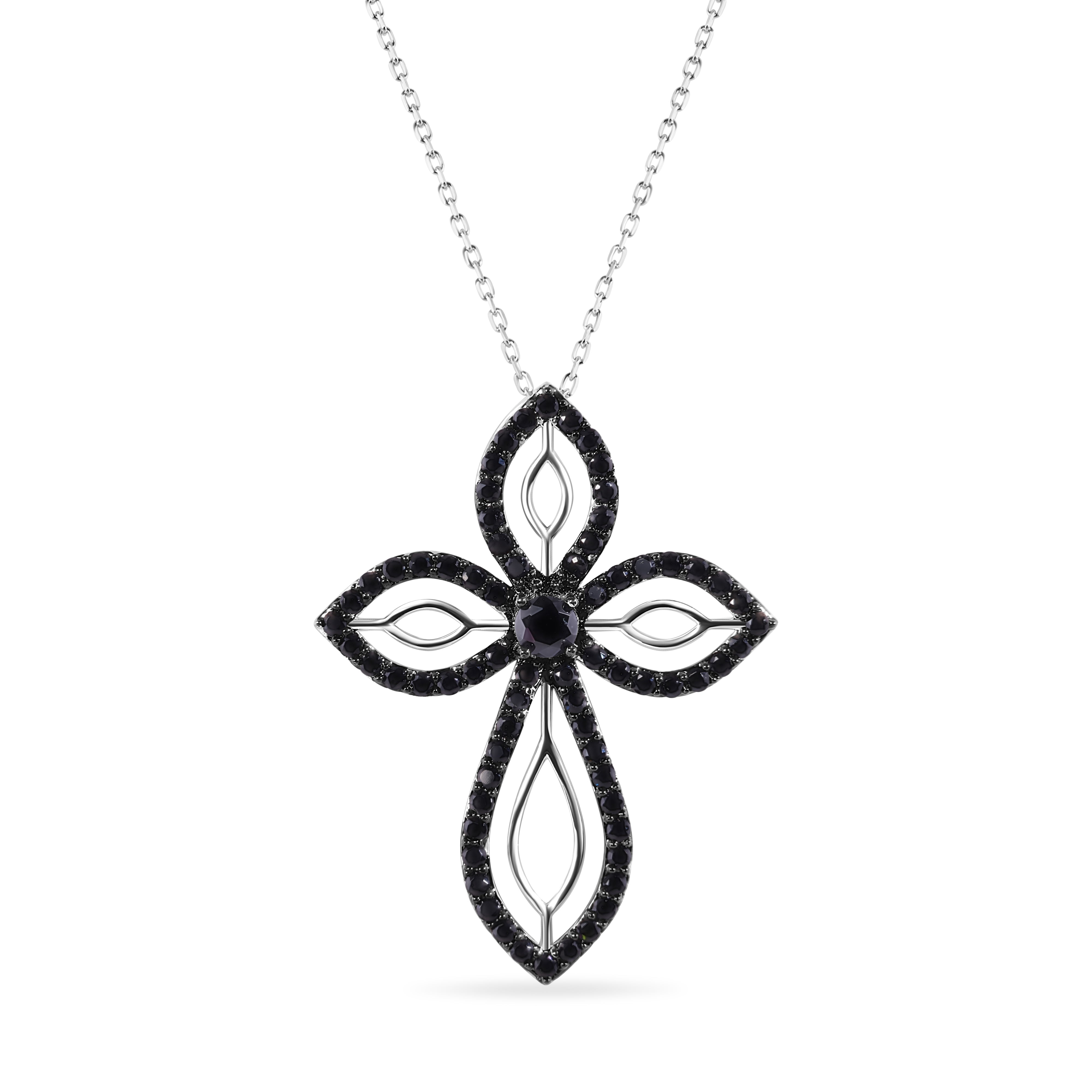 Clearance-Silver 925  Rhodium and Black Rhodium Plated Clear and Black CZ Cross Pendant Necklace - STP00804