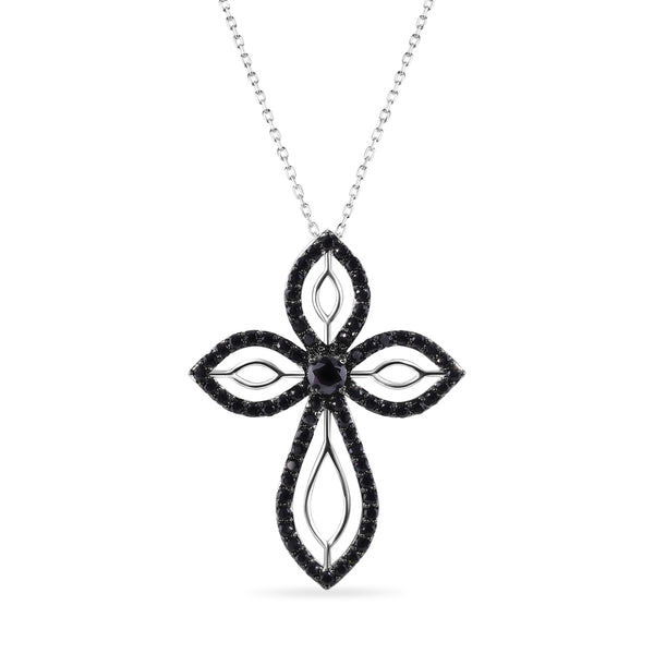 Closeout-Silver 925  Rhodium and Black Rhodium Plated Clear and Black CZ Cross Pendant Necklace - STP00804